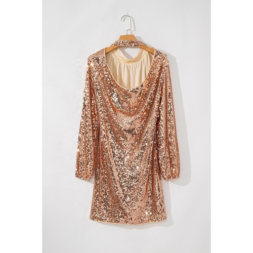Gold Sequined Long Sleeve Cutout Back Mini Dress - XL - Main Image