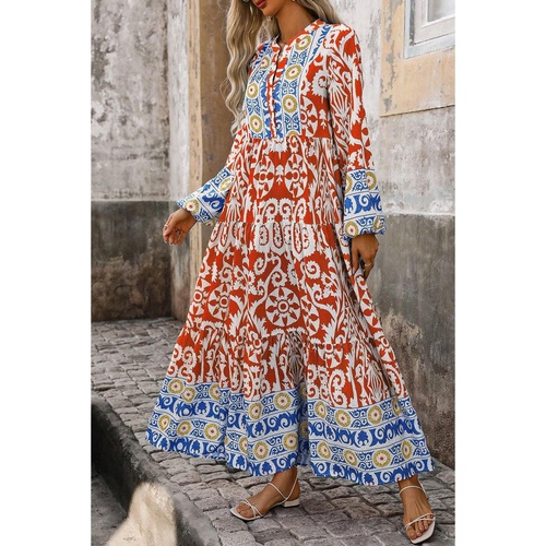 Orange Boho Geometric Printed Long Sleeve Maxi Dress - L - Main Image
