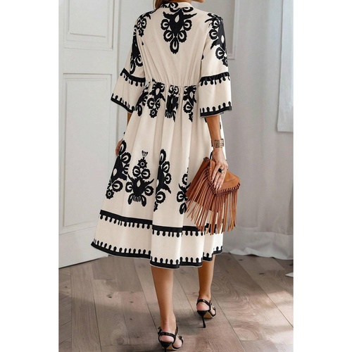 Beige Western Geometric Print 3/4 Sleeve Loose Midi Dress - L - Main Image