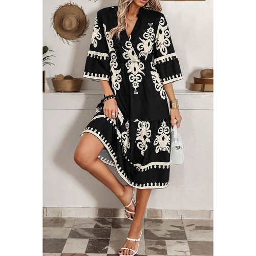 Black Western Geometric Print 3/4 Sleeve Loose Midi Dress - L - Main Image