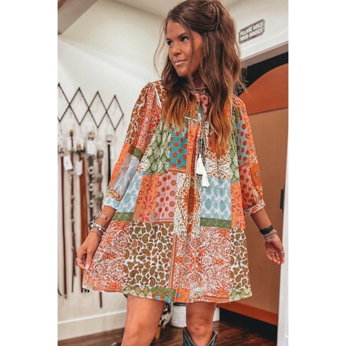 Orange Boho Paisley Mixed Print 3/4 Sleeve Chiffon Loose Dress - L - Main Image