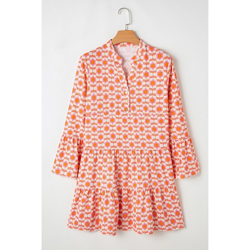Orange Floral Print Flounce Sleeve Buttoned Front Mini Dress - L - Main Image