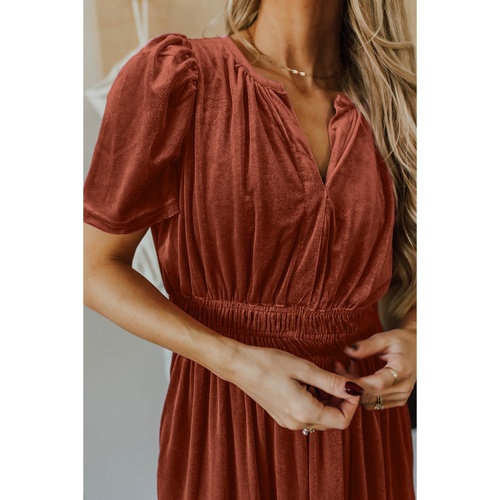 Chestnut Velvet Short Sleeve Shirred Waist Tiered Maxi Dress - L - Main Image