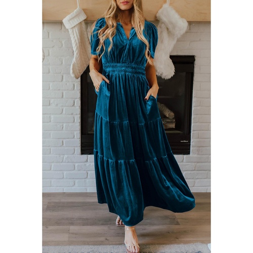 Prussian Blue Velvet Short Sleeve Shirred Waist Tiered Maxi Dress - XL - Main Image