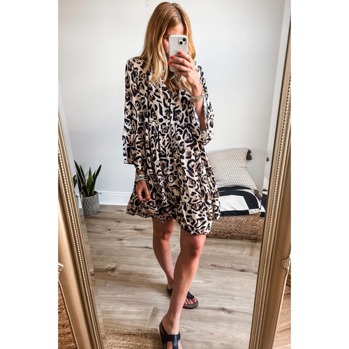 Black Leopard Print Buttoned Front 3/4 Sleeve Tiered Ruffled Hem Dress - M - Main Image