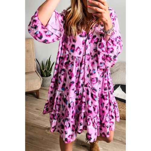 Rose Leopard Print Buttoned Front 3/4 Sleeve Tiered Ruffled Hem Dress - XL - Main Image
