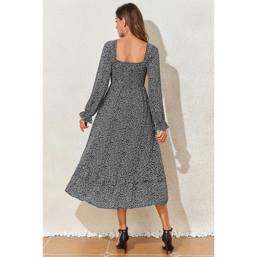 Black Floral Printed Long Sleeve Square Neck Midi Dress - S - Main Image
