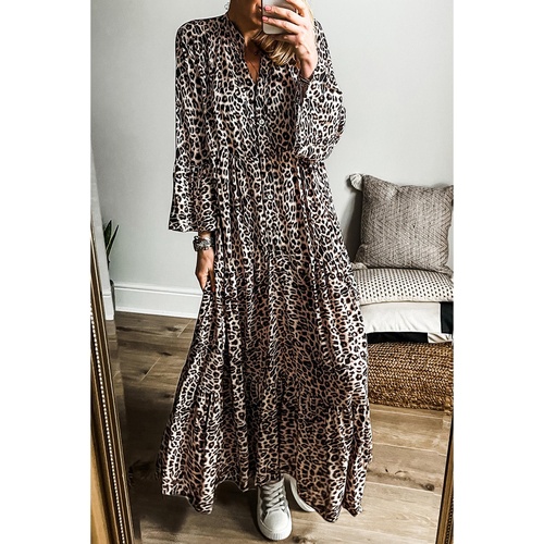 Apricot Leopard Print Tiered Wide Sleeve Maxi Dress - L - Main Image