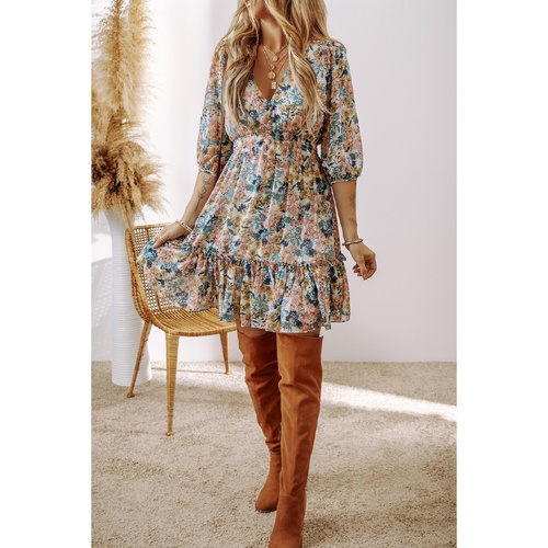 Sky Blue Floral 3/4 Sleeve V Neck High Waist Ruffled Dress - S - Main Image