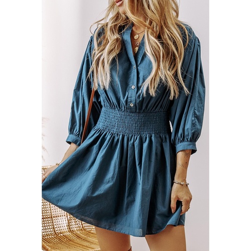 Prussian Blue 3/4 Sleeve Shirred High Waist Buttoned Mini Dress - L - Main Image