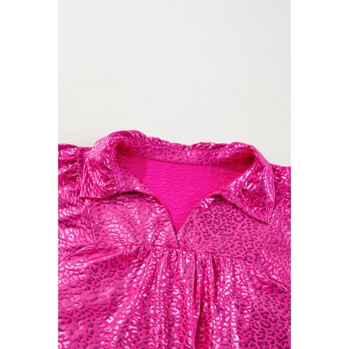 Rose Red Metallic Leopard Print Collared Babydoll Mini Dress - S - Main Image