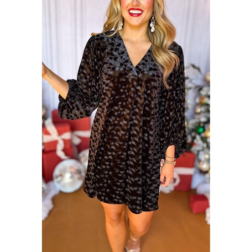 Black Textured V Neck Balloon Sleeve Velvet Mini Dress - M - Main Image