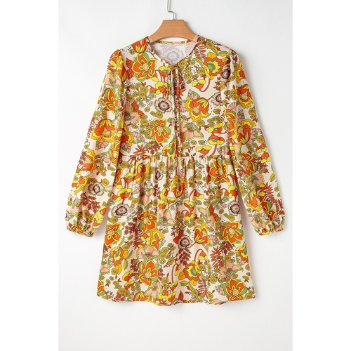 Yellow Cream Floral Print V Neck Puff Sleeve Mini Dress - L - Main Image