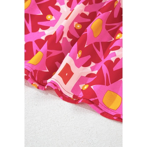 Strawberry Pink Geometric Print Smocked Long Sleeve Mini Dress - S - Main Image