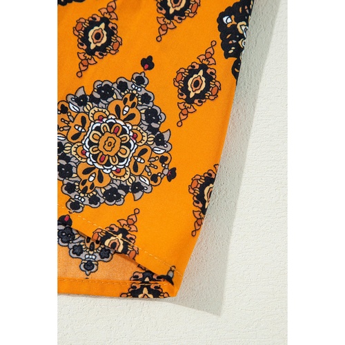 Orange Western Geometric Print Tiered Frilled Loose Fit Midi Dress - L - Main Image