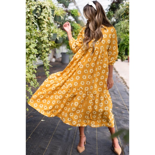 Yellow Flower Print Bracelet Sleeve Buttons Collared Maxi Dress - L - Main Image