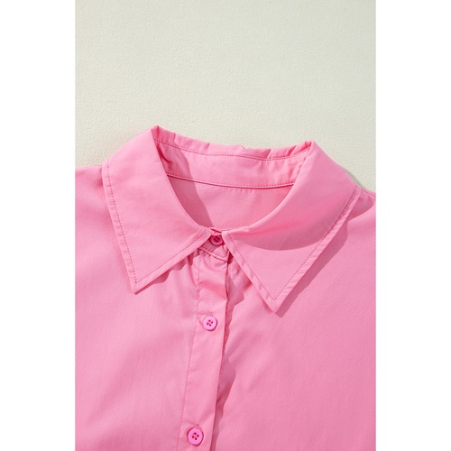 Bright Pink Balloon Sleeve Button Up Mini Shirt Dress - L - Main Image