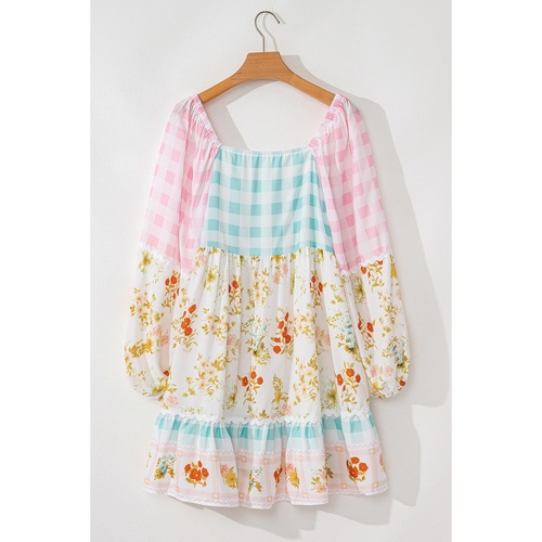 Pink Ric Rac Plaid Floral Print Patchwork Bubble Sleeve Dress - L - Main Image