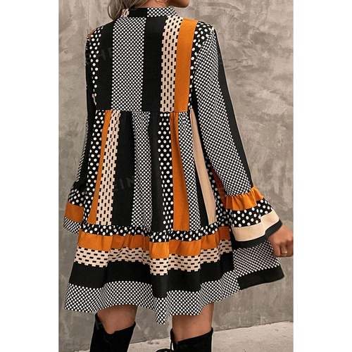 Black Striped Polka Dot Print Ruffled Hem V Neck Mini Dress - M - Main Image