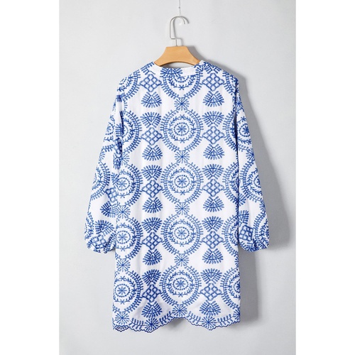 Blue Boho Floral Embroidered Notch V Neck Shift Mini Dress - L - Main Image