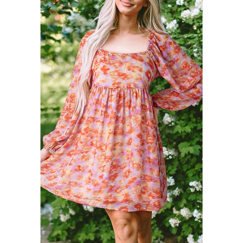 Rose Floral Print Square Neck High Waist Mini Dress - XL - Main Image