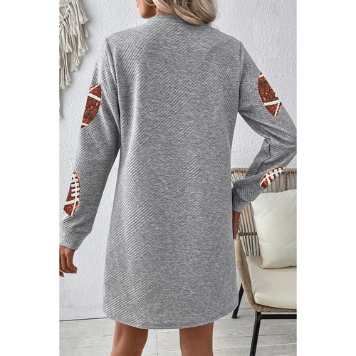 Gray Sequin Rugby Football Graphic Textured Long Sleeve Shift Mini Dress - L - Main Image