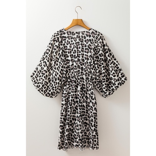 Black Leopard Print Elasticated V Neck 3/4 Puff Sleeve Dress - M - Main Image