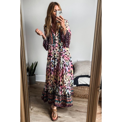 Pink Western Leopard Printed 3/4 Sleeve Buttoned Front Tiered Maxi Dress - S - Main Image