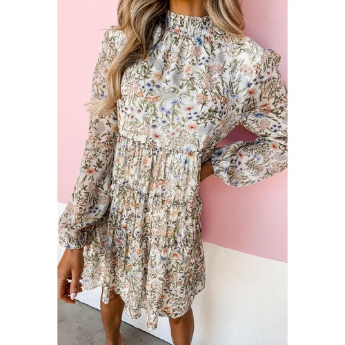 Green Floral Print Tiered Frilled Shirred Mock Neck Mini Dress - L - Main Image