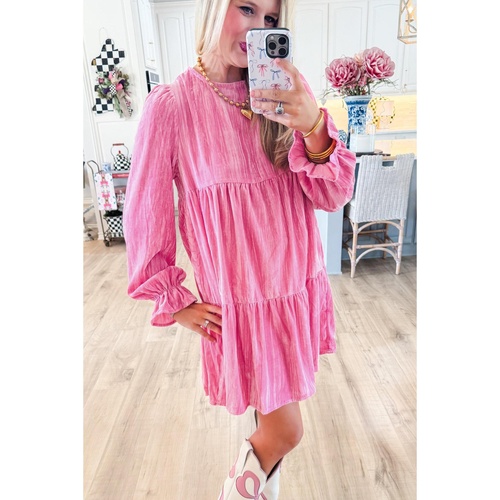 Strawberry Pink Flounce Sleeve Tiered Ruffled Velvet Mini Dress - L - Main Image