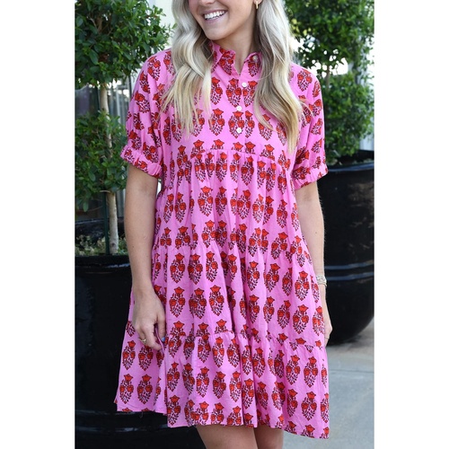 Sachet Pink Floral Print Multi Buttons Collared Short Sleeve Flowy Dress - S - Main Image