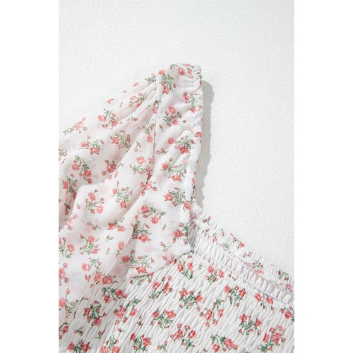 White Floral Print Shirred Ruffled Hem Square Neck Midi Dress - S - Main Image