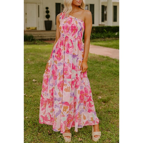 Pink Abstract Floral Print Shirred One Shoulder Maxi Dress - L - Main Image