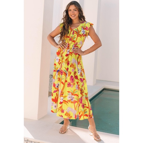 Yellow Cheetah Plant Print Shirred Button V Neck Maxi Dress - L - Main Image