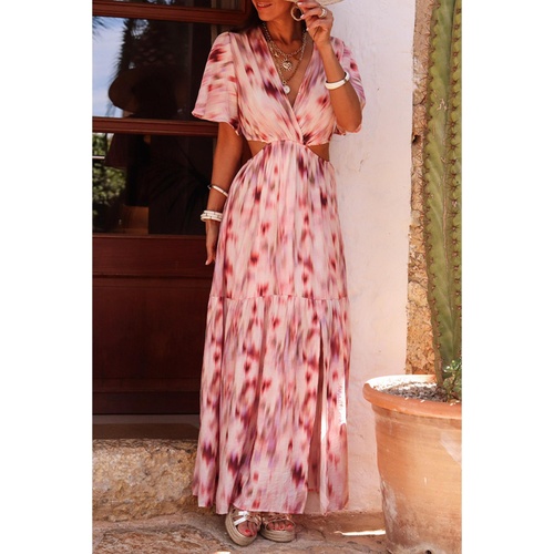 Pink Abstract Printed Flutter Sleeve Daring Cutout Long Dress - L - Main Image