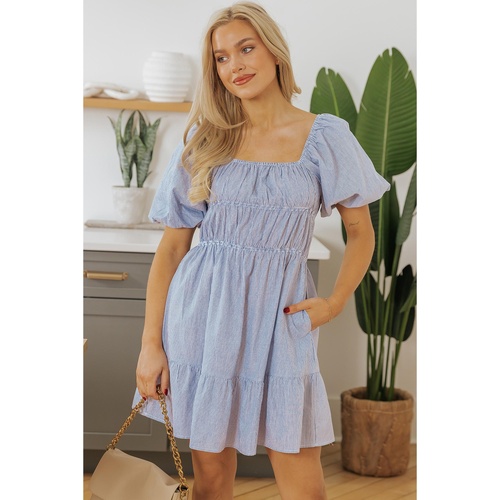 Sky Blue Stripe Bubble Sleeve Square Neck Ruched Pocketed Babydoll Dress - S - Main Image
