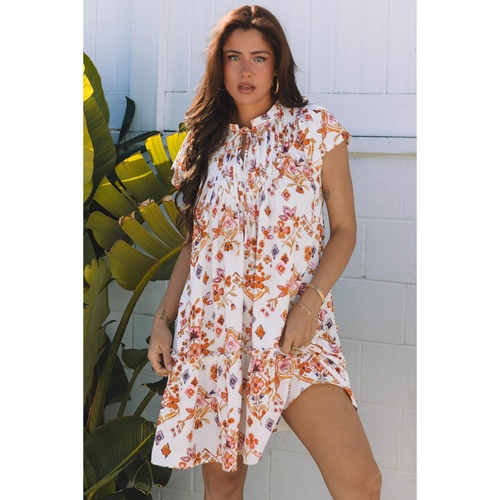Apricot Floral Geometric Print Ruffled Trim Flutter Sleeve Mini Dress - L - Main Image