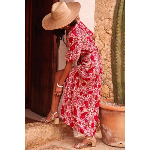 Red Paisley Print Side Slit Puff Sleeve High Waist Maxi Dress - L - Main Image