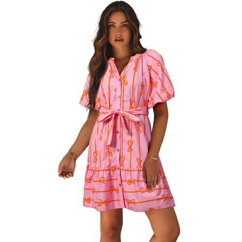 Pink Bowknot Striped Printed Bubble Sleeve Buttoned Belted Mini Dress - L - Main Image
