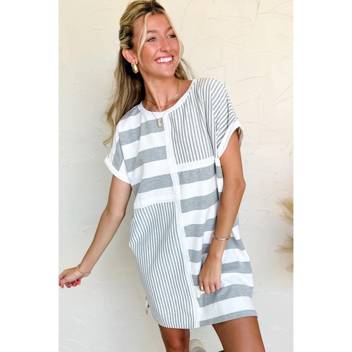 Azura Exchange Gray Stripe Mixed Printed Short Sleeve Shift Mini T Shirt Dress - L - Main Image