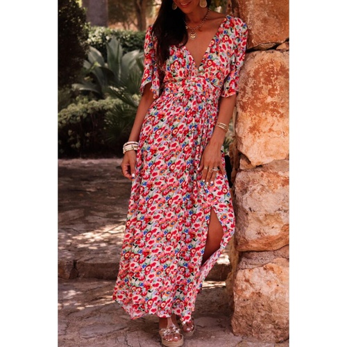 Red Floral Half Sleeve Deep V Neck Cutout Back Split Maxi Dress - L - Main Image