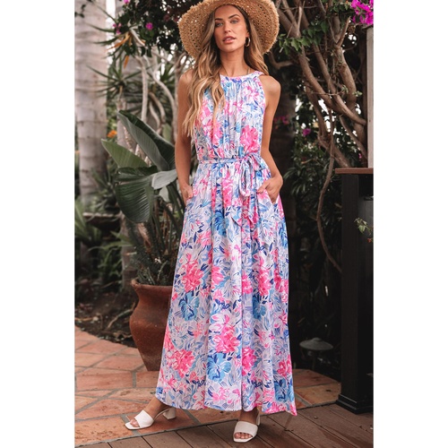 Sky Blue Floral Printed Sleeveless O Neck Knot Waist Maxi Dress - L - Main Image