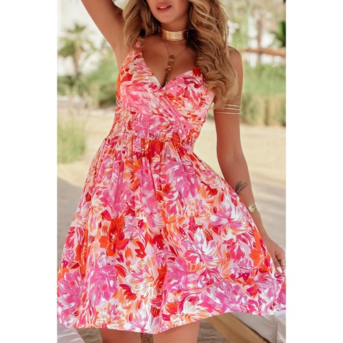 Red Floral Spaghetti Strap Surplice Neck Shirred Waist Mini Dress - L - Main Image