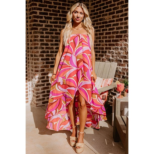 Rose Floral High Low Bandeau Vacay Dress - S - Main Image