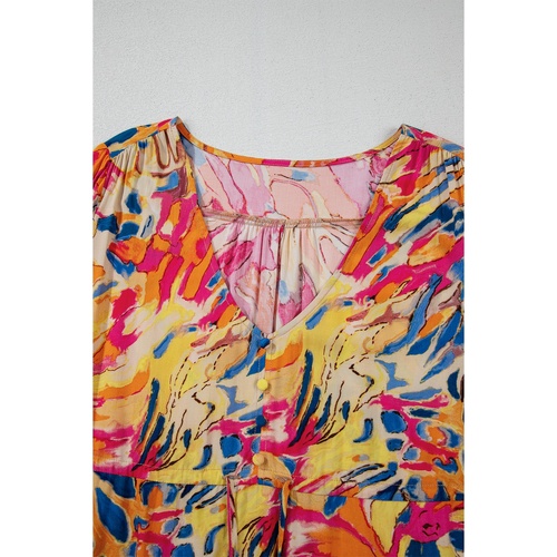 Pink Plant Print Flared Sleeve Ruffled Hem Tunic High Waist Flowy Dress - L - Main Image