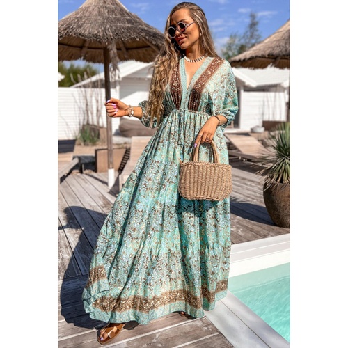 Green Boho Floral Print Lace-up Open Back High Waist Maxi Dress - S - Main Image
