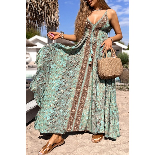 Green Floral Print V Neck Ruffled Trim Backless Tassel Waist Maxi Dress - S - Main Image
