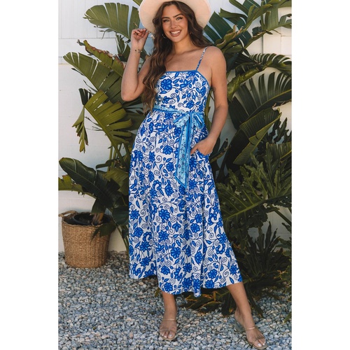 Blue Floral Printed Spaghetti Strap Maxi Dress with Waist Tie - L - Main Image