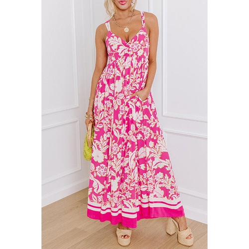 Rose Floral V Neck Crisscross Backless Maxi Dress - L - Main Image