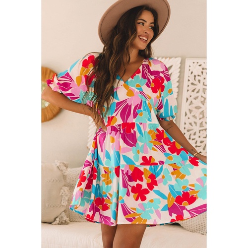 Rose Red Floral Bubble Sleeve V Neck Tiered Ruffle Babydoll Dress - XL - Main Image